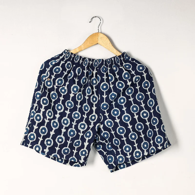 Blue - Indigo Block Printed Cotton Unisex Boxer/Shorts