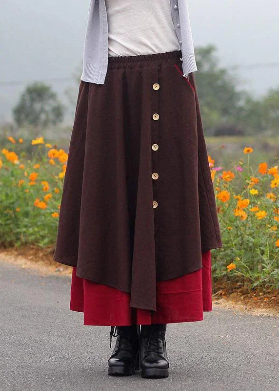 art-wine-red-wrinkled-asymmetrical-pockets-patchwork-cotton-skirts-fall