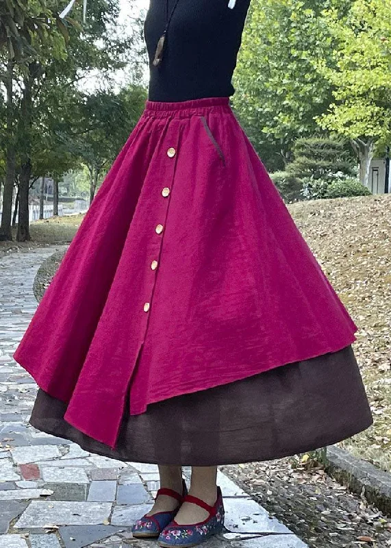 art-wine-red-wrinkled-asymmetrical-pockets-patchwork-cotton-skirts-fall