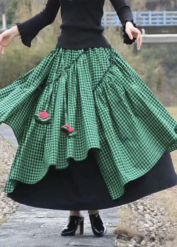 beautiful-green-asymmetrical-plaid-patchwork-tie-waist-long-skirts-fall