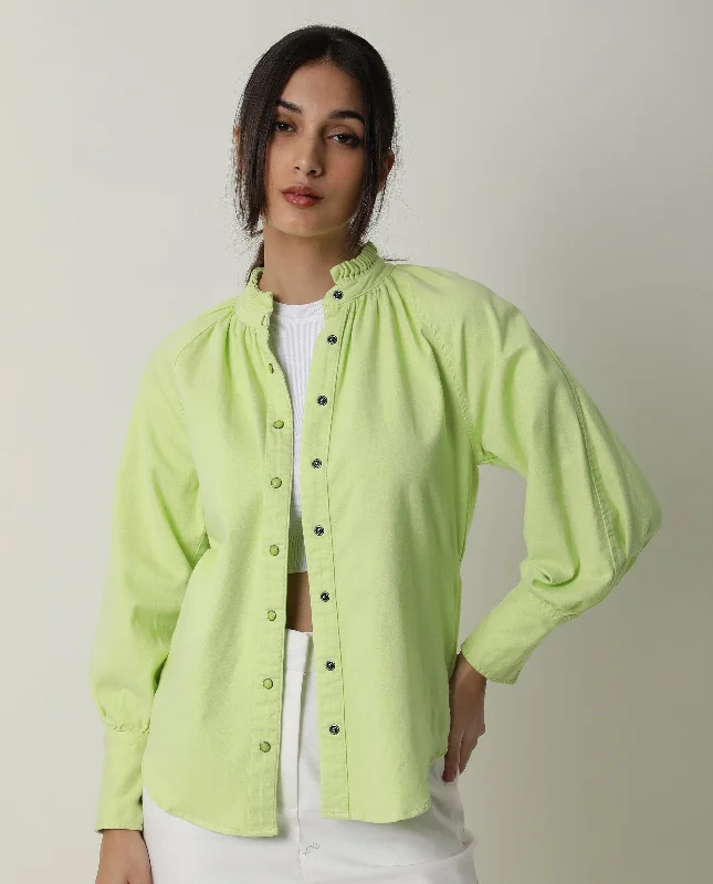 Rareism Women'S Bellona Green Cotton Fabric Full Sleeves Solid Ruffled Neck Jacket