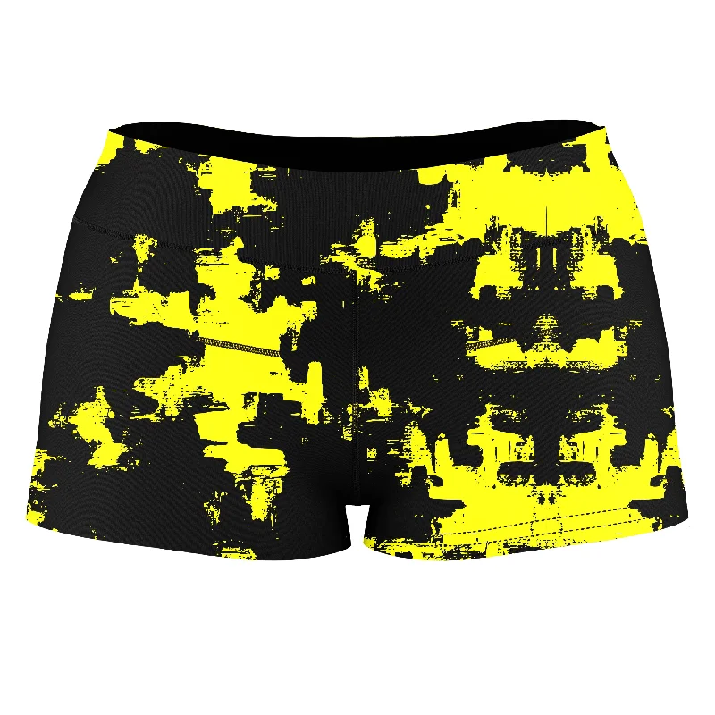 Black and Yellow Abstract High-Waisted Women's Shorts