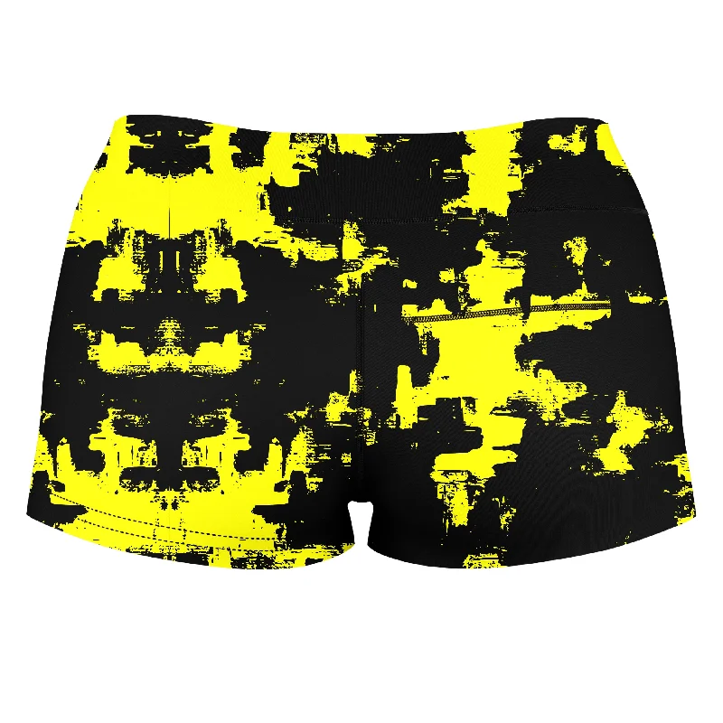 black-and-yellow-abstract-high-waisted-womens-shorts