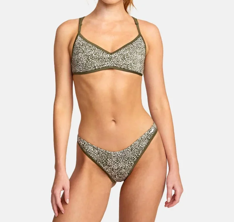 Blocked Hi Leg Bikini Bottoms In Micro Cat Olive