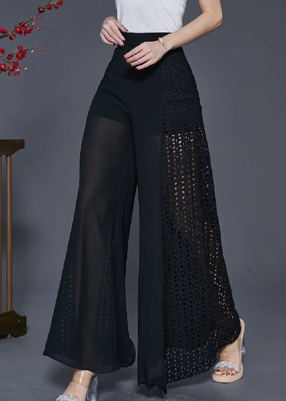 boho-black-hollow-out-patchwork-chiffon-wide-leg-pants-spring