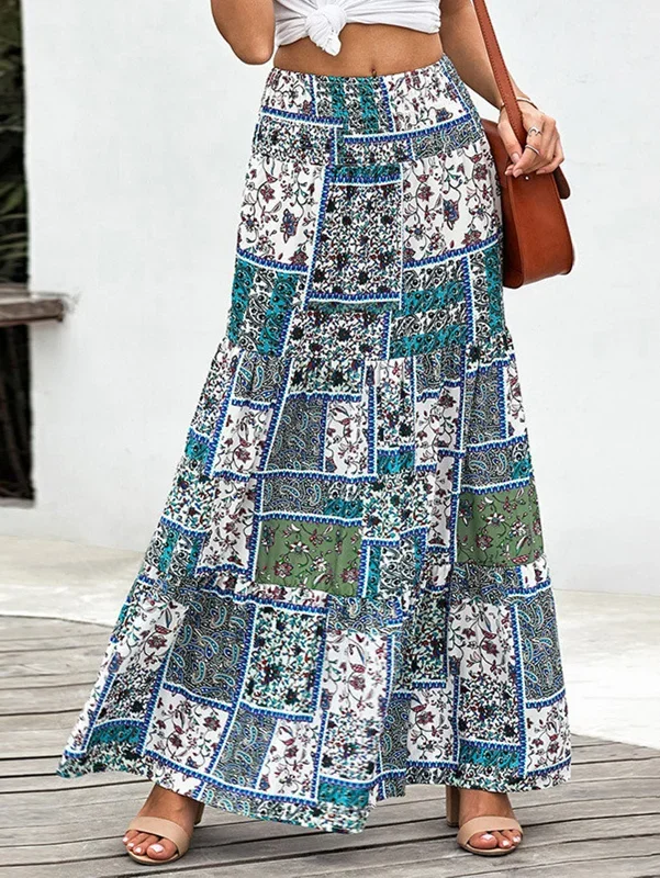 boho-green-patchwork-shirred-a-line-maxi-skirt