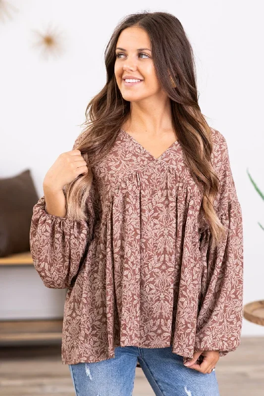 Brown and Mocha Leaf Print Babydoll Top