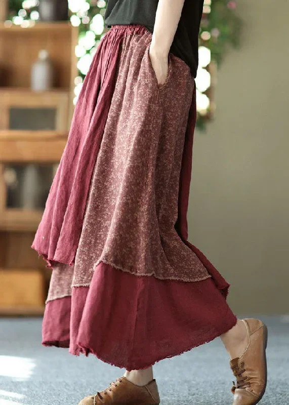 casual-brick-red-print-asymmetrical-patchwork-cotton-skirt-spring