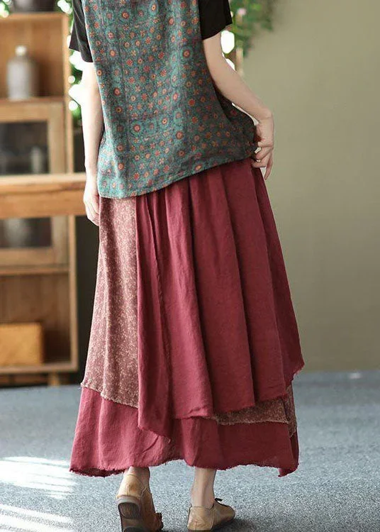 casual-brick-red-print-asymmetrical-patchwork-cotton-skirt-spring