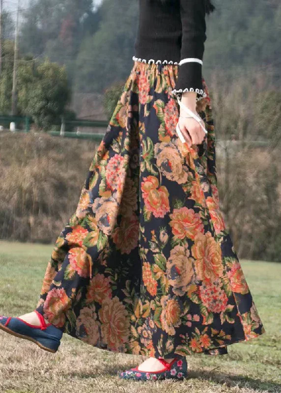 casual-print-wrinkled-elastic-waist-maxi-skirt