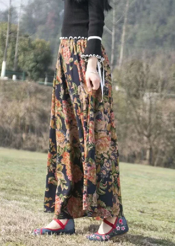 casual-print-wrinkled-elastic-waist-maxi-skirt