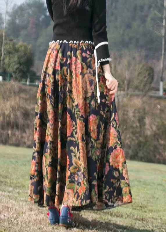 casual-print-wrinkled-elastic-waist-maxi-skirt