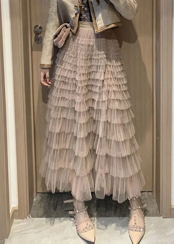 Chic Coffee Pink Ruffled Layered Patchwork Tulle Skirt Spring