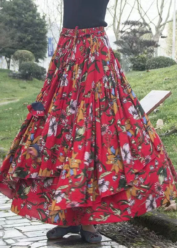 classy-red-ruffled-patchwork-floral-tie-waist-a-line-skirt