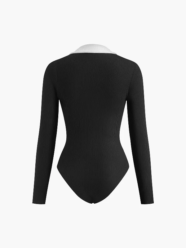 contrast-binding-v-neck-long-sleeve-bodysuit