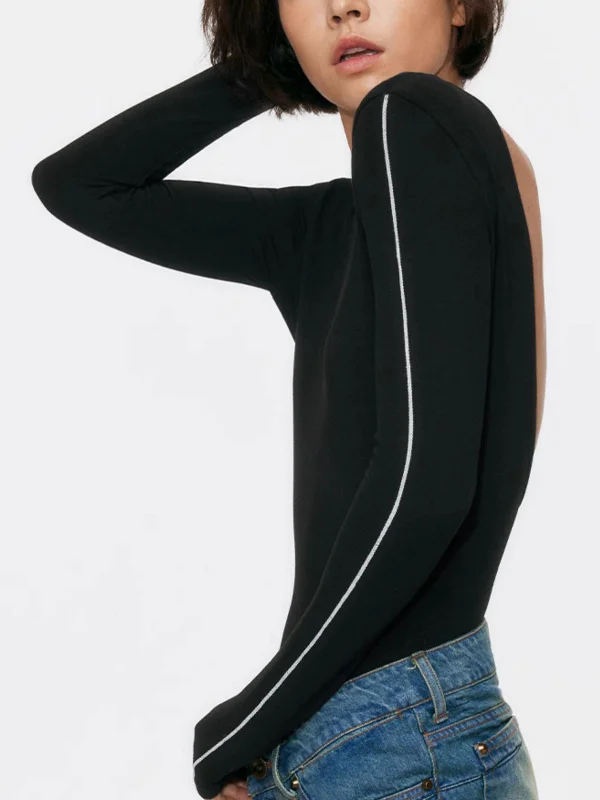 contrast-trim-open-back-crew-neck-long-sleeve-bodysuit