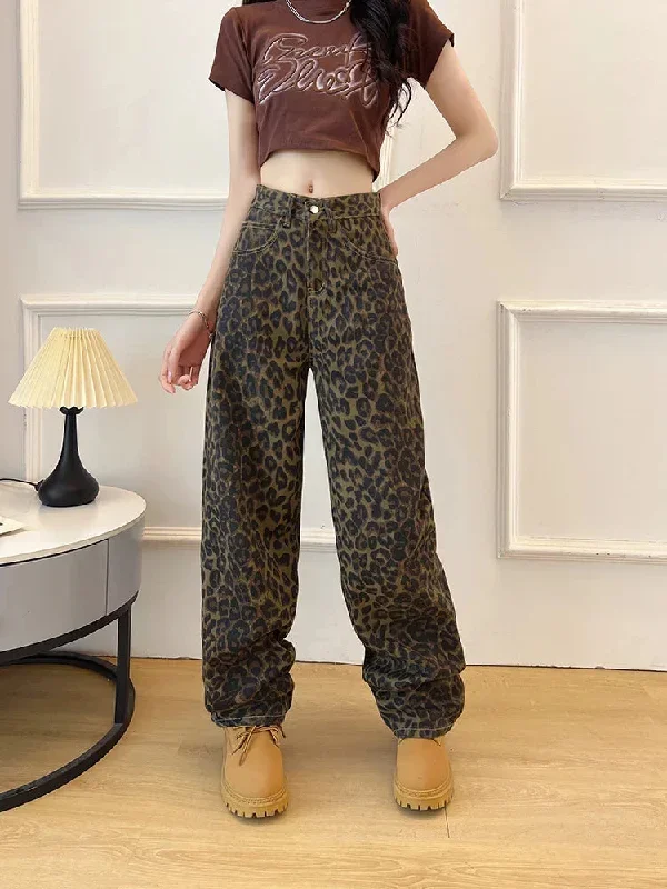 FashionSierra - Leopard Print Korean Elegant High Waisted Streetwear Fashion Trouser