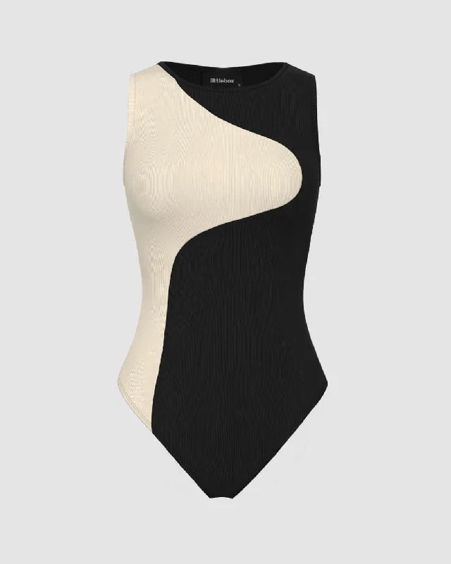 Crew Neck Two Tone Ribbed Knit Bodysuit