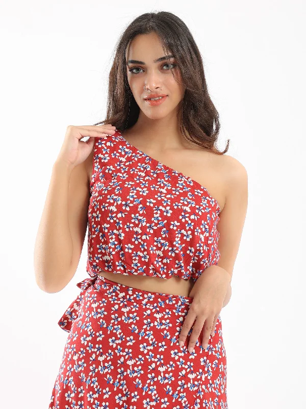 Crop Top - One Shoulder - Floral Pattern