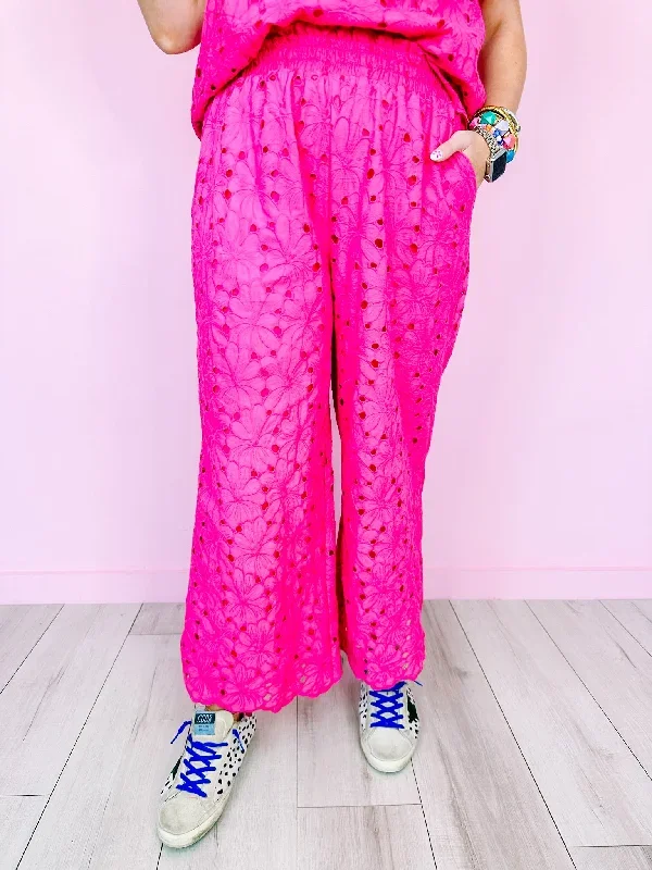 DANCE IN DAISIES EYELET LACE PANTS - HOT PINK