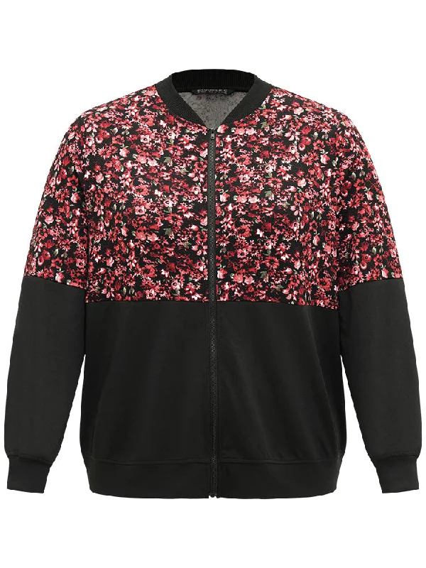 ditsy-floral-patchwork-zipper-elastic-cuffs-jacket