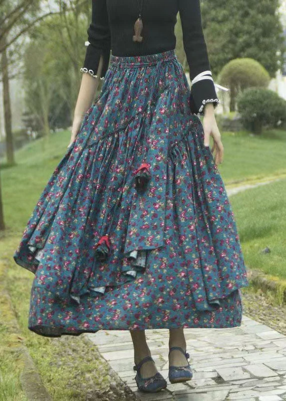 DIY Grey Green Asymmetrical Floral Print Tie Waist Long Skirt Fall