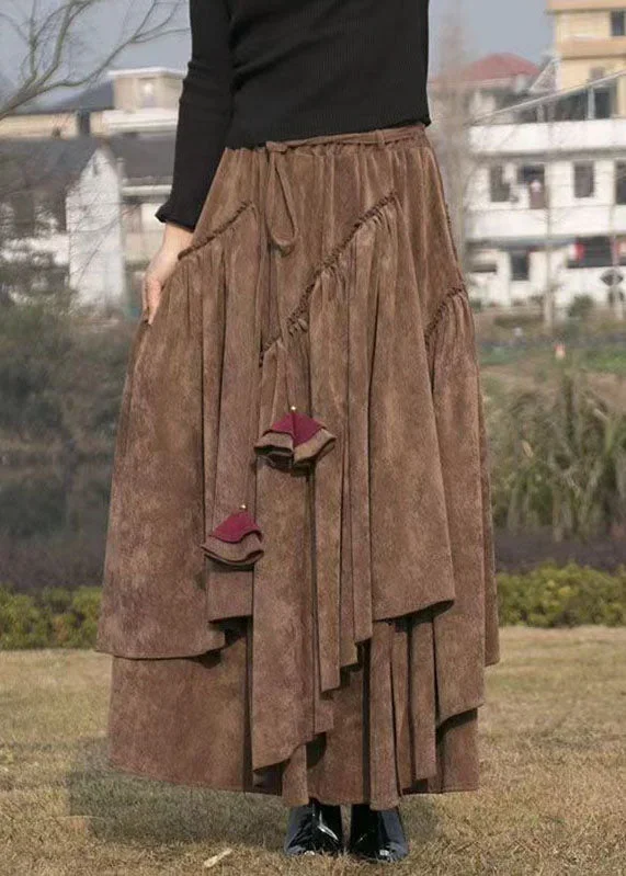 elegant-brown-elastic-waist-solid-corduroy-a-line-skirts