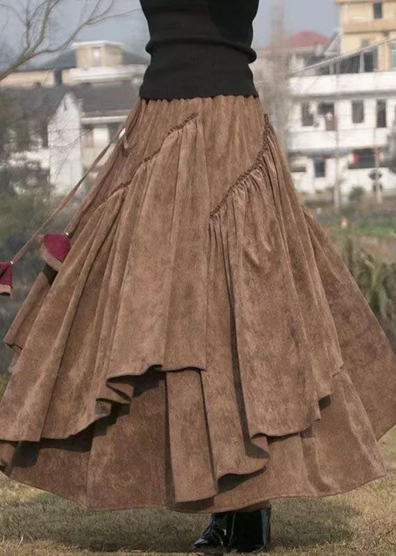 elegant-brown-elastic-waist-solid-corduroy-a-line-skirts