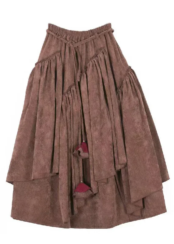 elegant-brown-elastic-waist-solid-corduroy-a-line-skirts