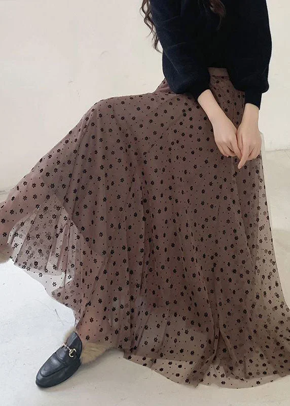 Elegant Coffee Wrinkled Print Patchwork Tulle Skirts Spring