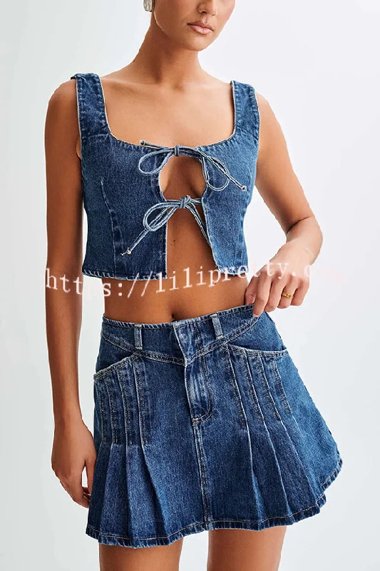 Heather Denim Center Front Tie-up Crop Tank Top