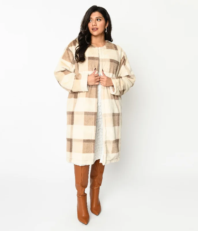 Ivory & Tan Plaid Faux Fur Long Cardigan