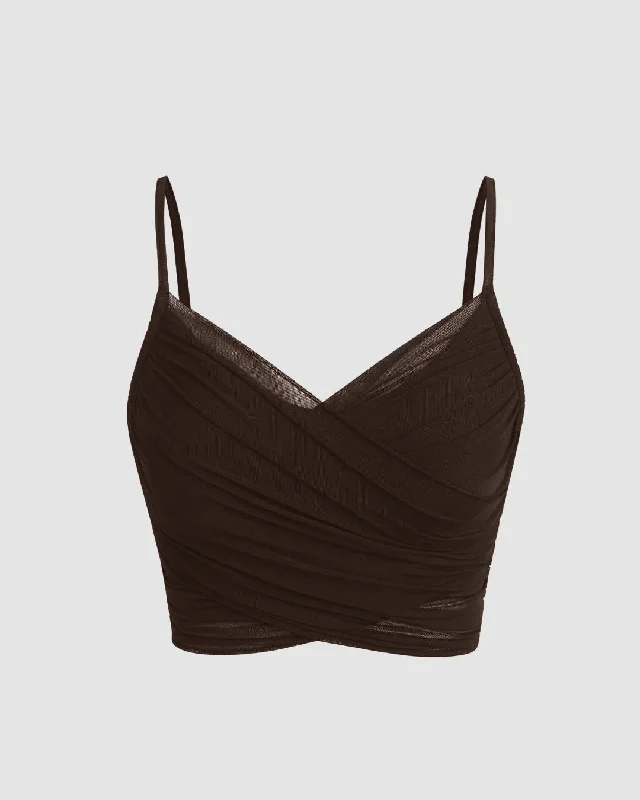 Mesh V-Neck Ruched Strappy Coco Brown Crop Top