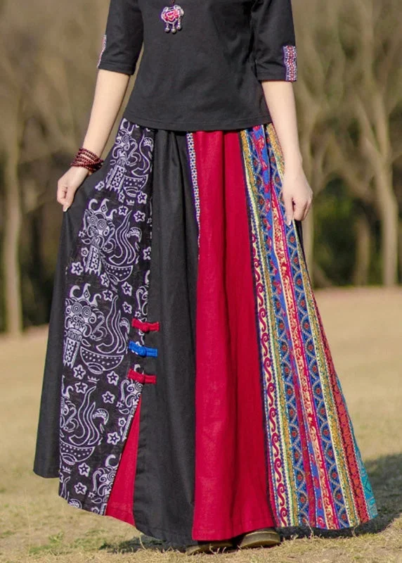 modern-black-patchwork-elastic-waist-button-maxi-skirt