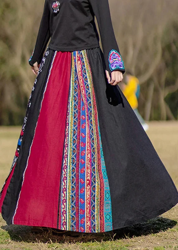 modern-black-patchwork-elastic-waist-button-maxi-skirt