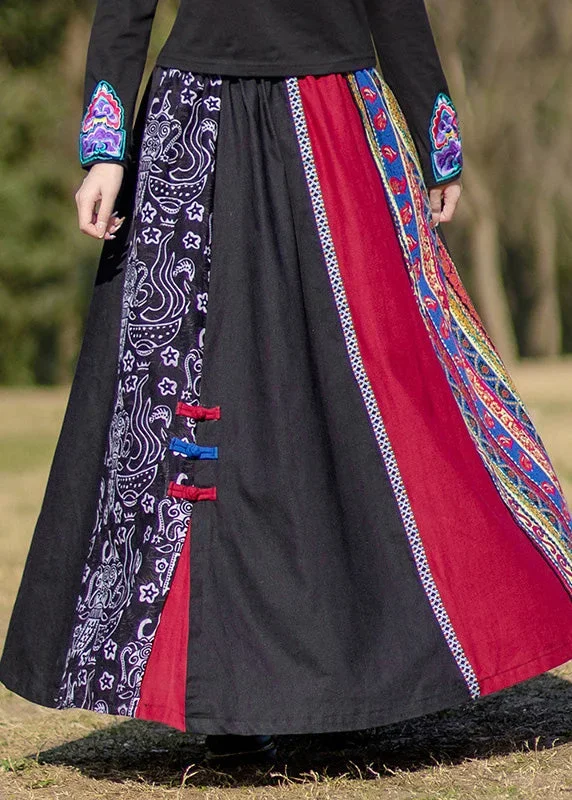 modern-black-patchwork-elastic-waist-button-maxi-skirt