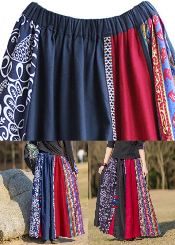 modern-black-patchwork-elastic-waist-button-maxi-skirt