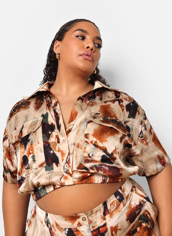 Naima Satin Abstract Print Knotted Front Crop Top