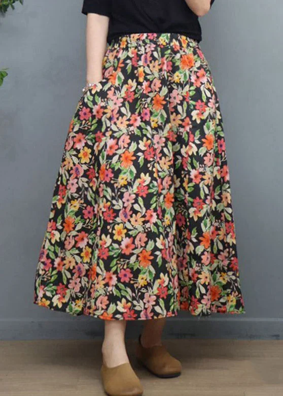 natural-black-print-elastic-waist-linen-a-line-skirt