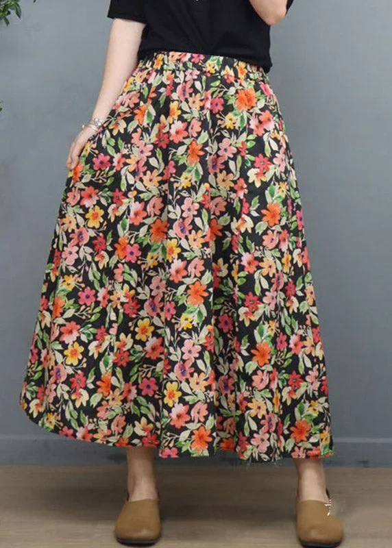 natural-black-print-elastic-waist-linen-a-line-skirt