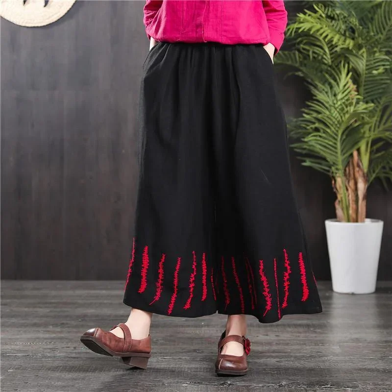 new 2024 black linen embroidery trousers loose slim wide leg pants