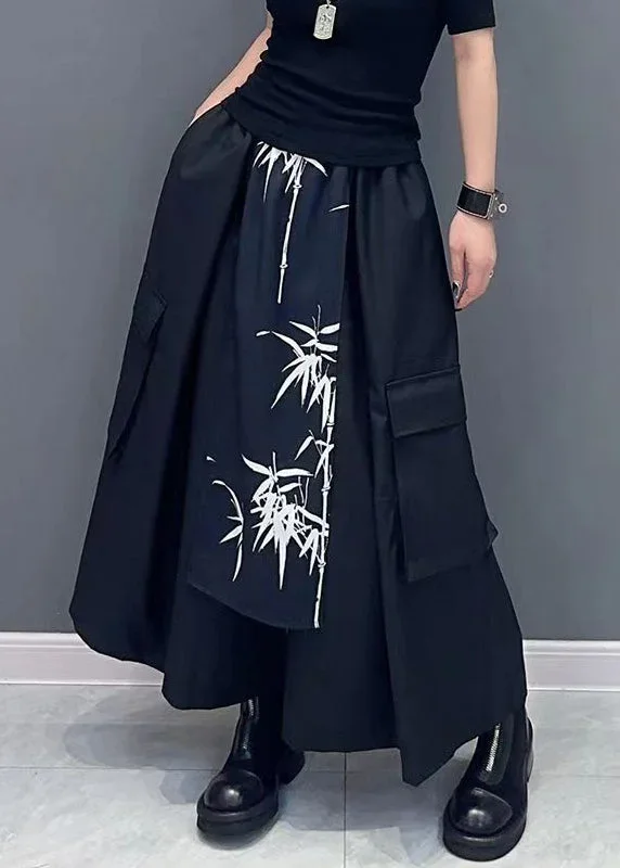 new-black-pockets-elastic-waist-cotton-wide-leg-pants-spring