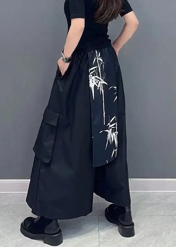 new-black-pockets-elastic-waist-cotton-wide-leg-pants-spring