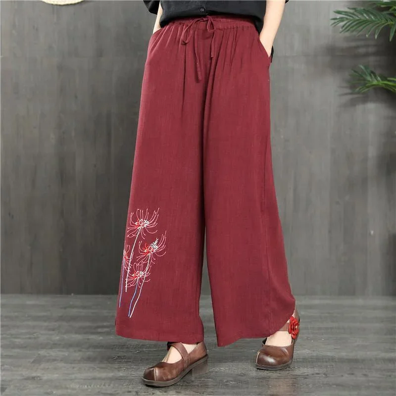 new burgundy linen embroidery wide leg pants plus size slim women trousers