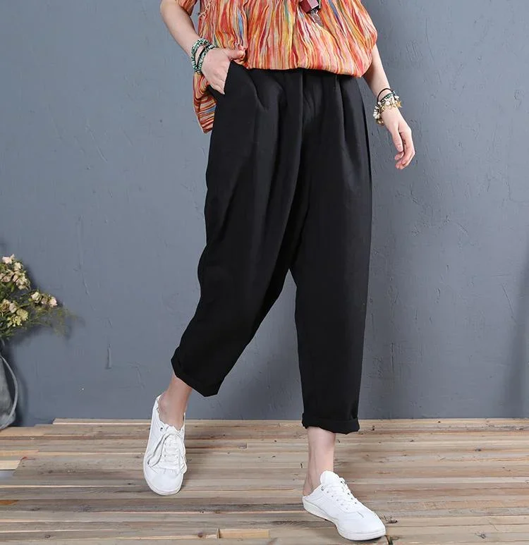 new summer black linen pockets pants women elastic waist straight pants