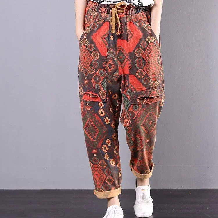 new women red prints casual pants vintage loose ripped harem pants