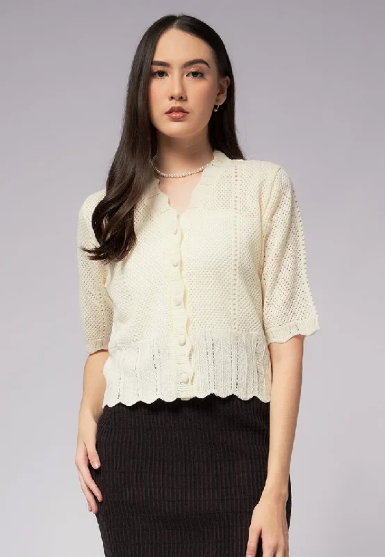 Openwork Puff Sleeve Scallop Top