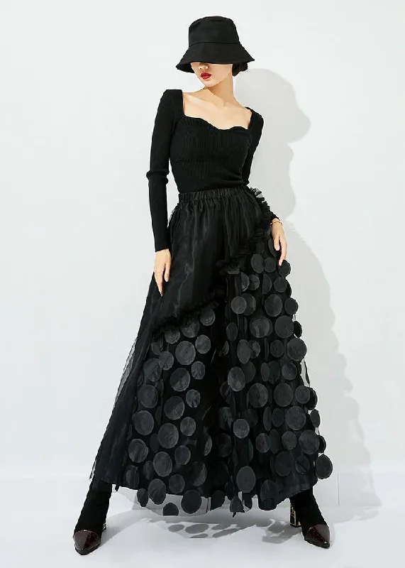 original-design-black-elastic-waist-patchwork-wrinkled-tulle-skirt-summer