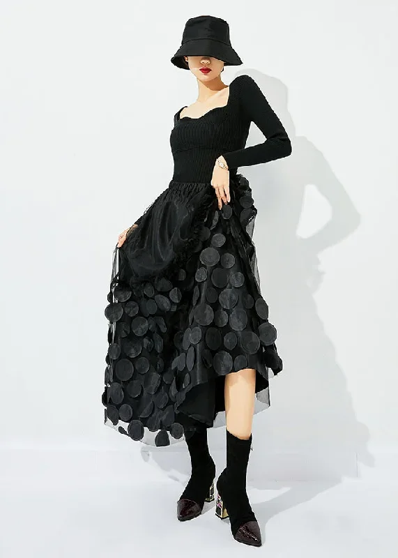 original-design-black-elastic-waist-patchwork-wrinkled-tulle-skirt-summer