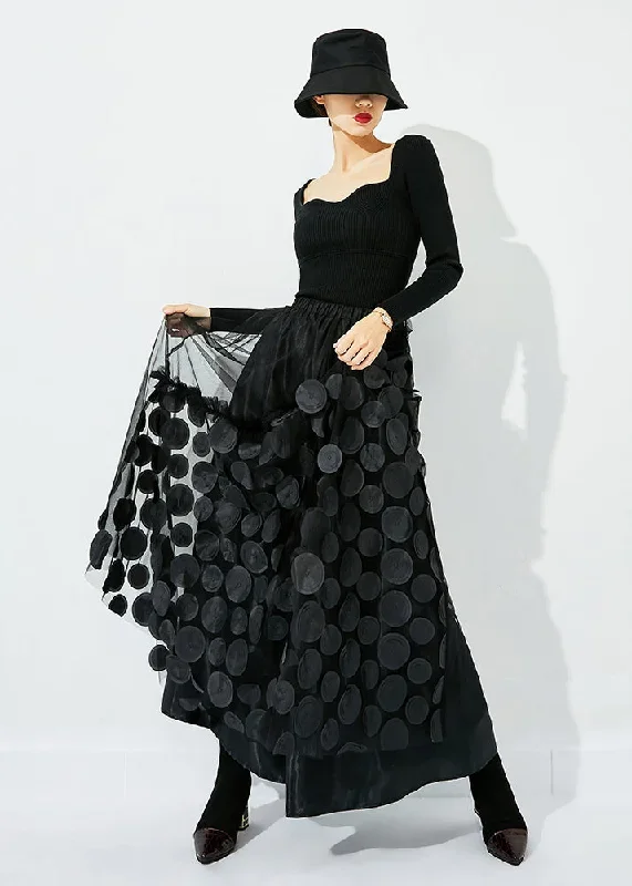 original-design-black-elastic-waist-patchwork-wrinkled-tulle-skirt-summer